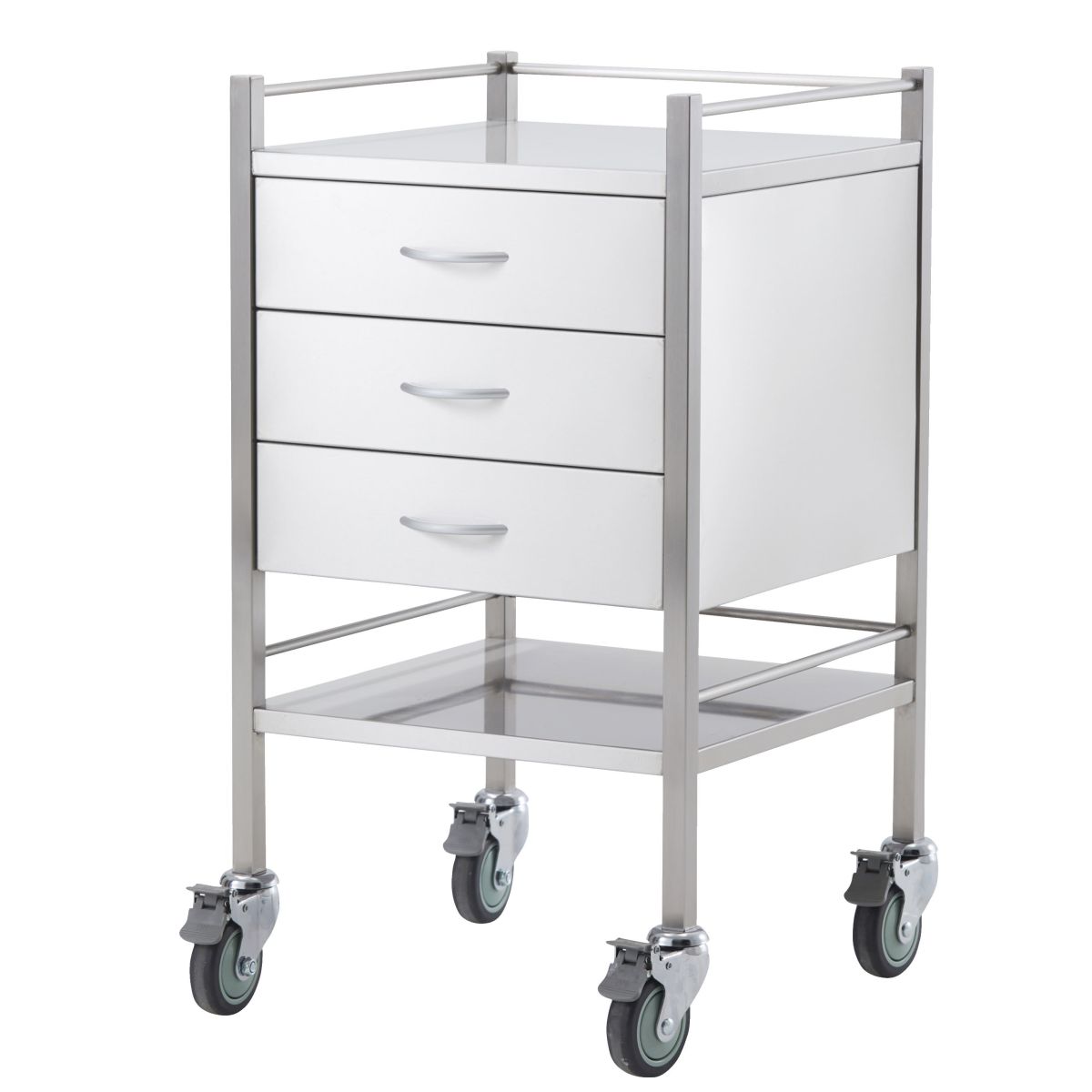 stainless steel medical trolley with 3 drawers and a platform